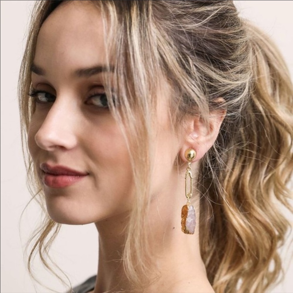 Pink & Goldtone Safety Pin & Stone Drop Earrings